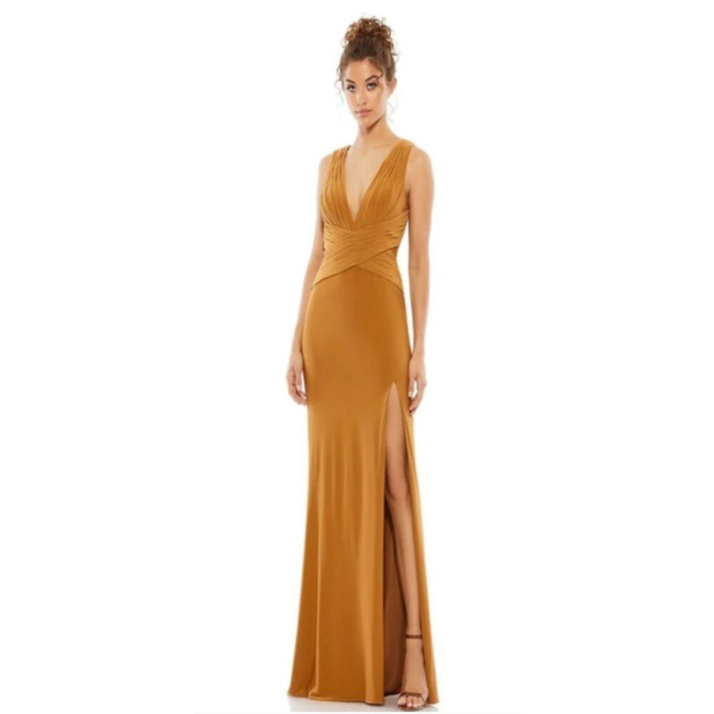 Ieena for Mac Duggal Camel Ruched Waist Maxi Gown Dress NWT Size 6 55703